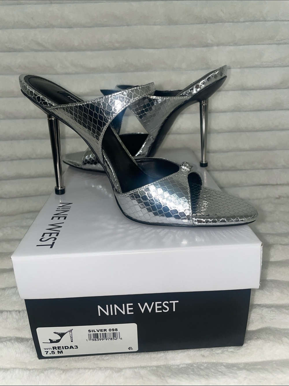 Nine West Reid’s Silver Snake-Embossed Pointed Stiletto Mule
